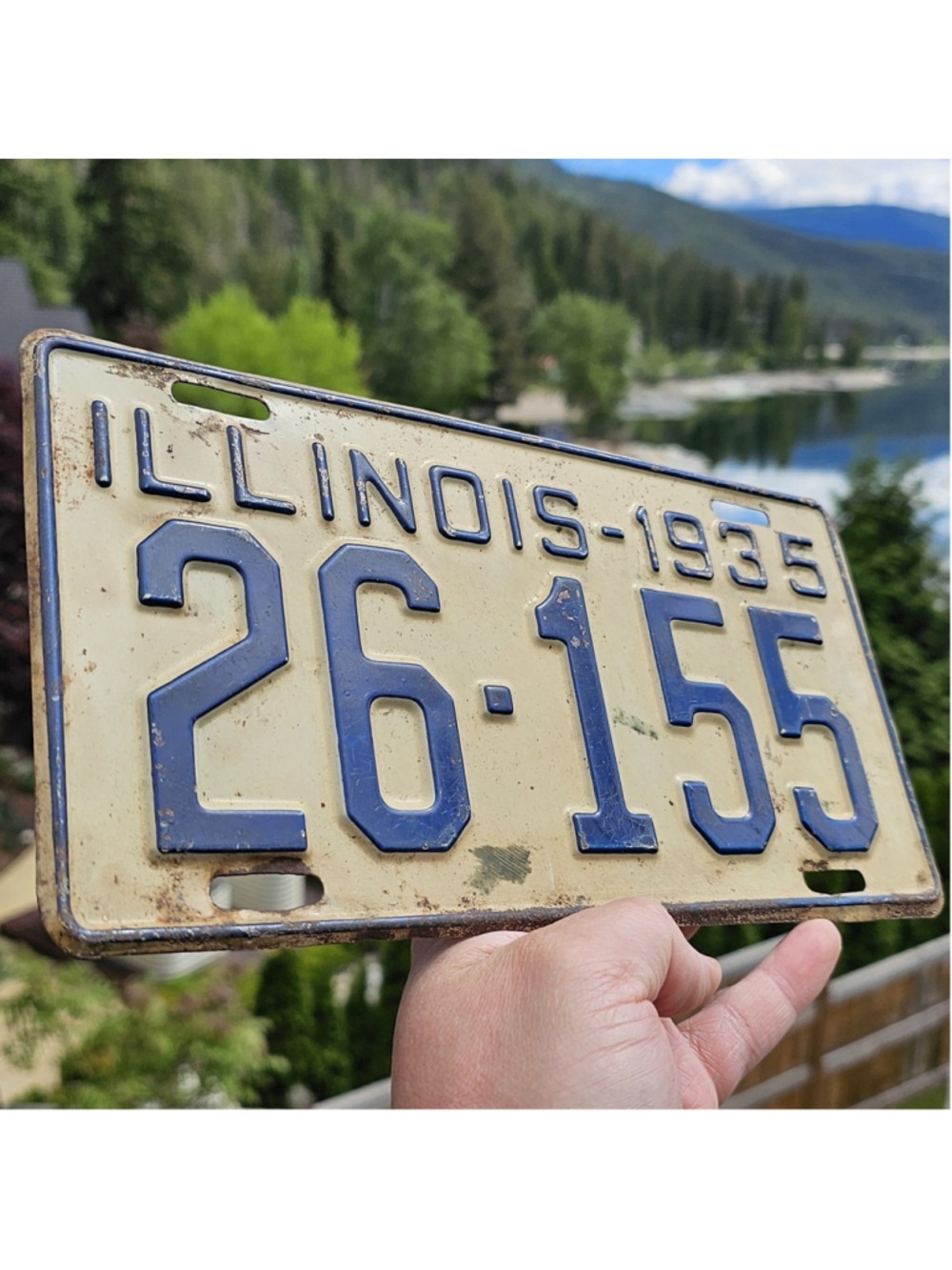 1935 Illinois License Plate 26-155 Vintage Embossed Metal Auto Tag Blue Cream